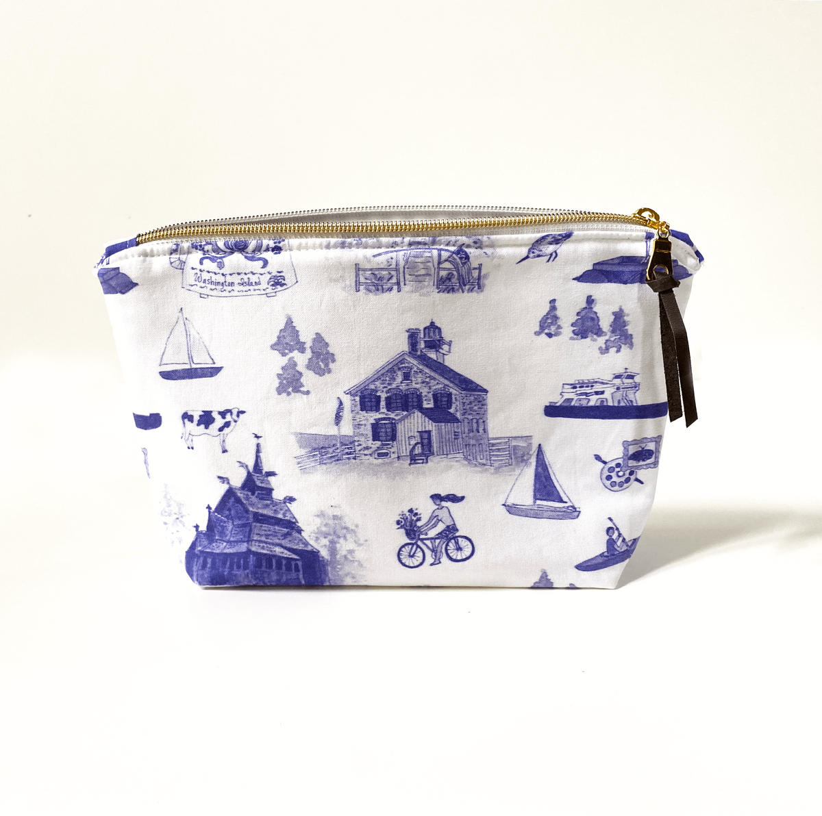 White pouch with blue pattern on a white background