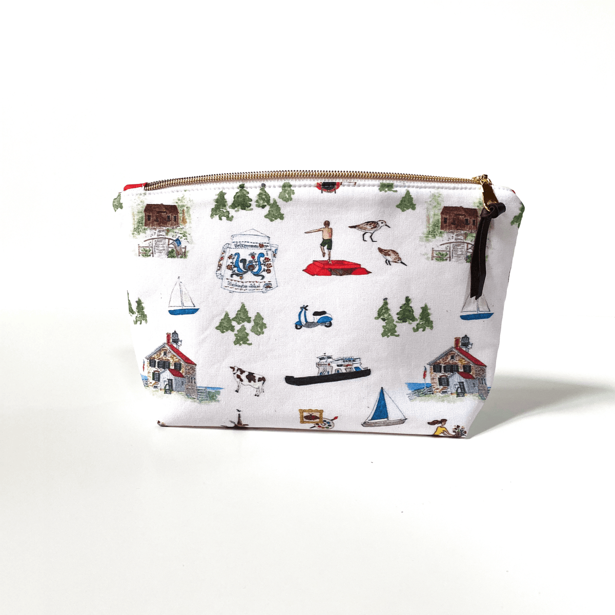 Pouch with a colorful pattern of ferry, trees, lighthouse, coffee, sailboat, little lake museum, painting, animals on a white background