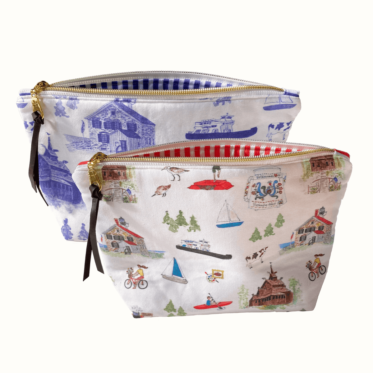 Two patterned pouches with zipper closures on a white background